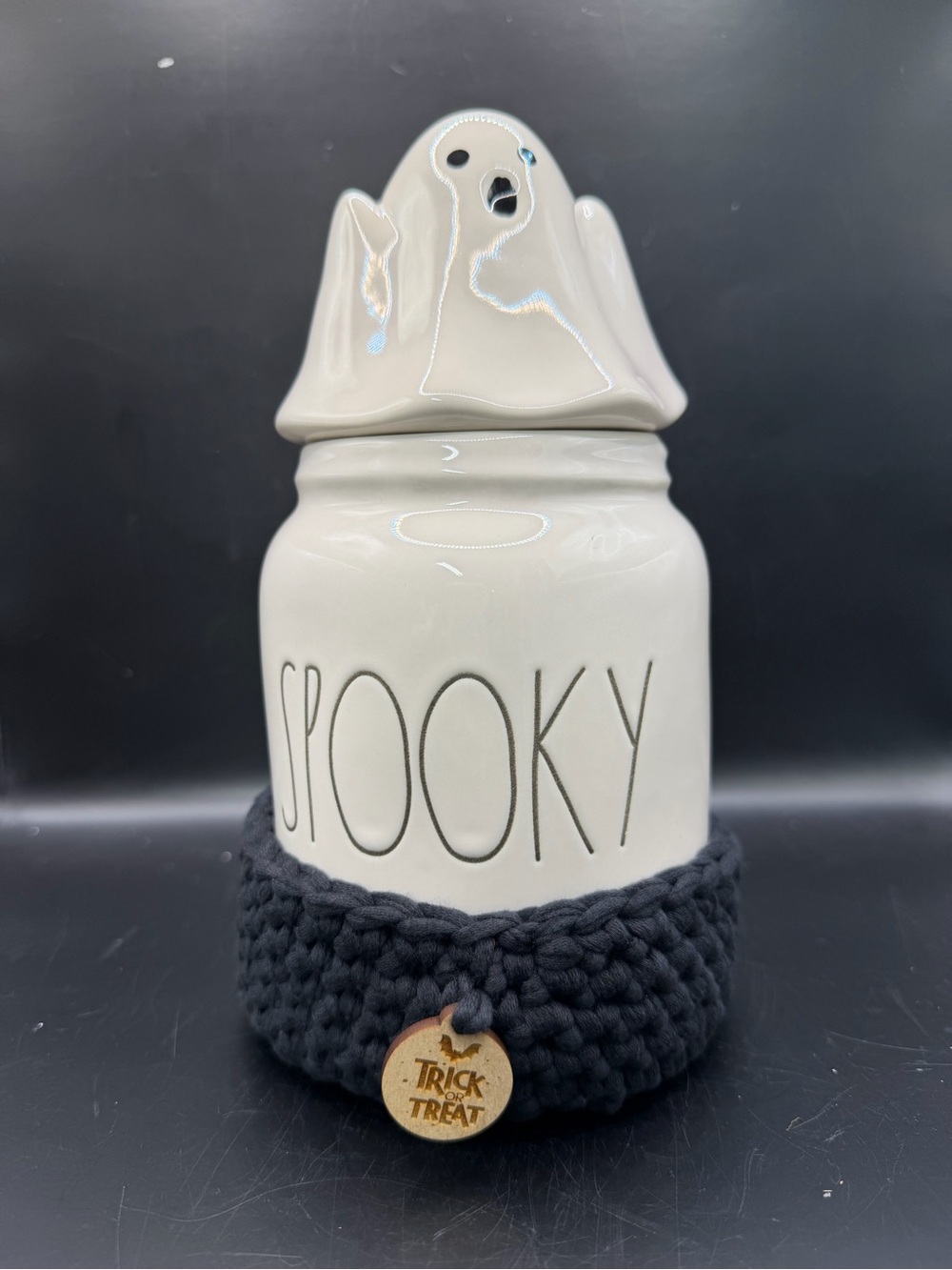 Rae Dunn SPOOKY Halloween Canister w/ Ghost Lid & Handmade Crochet Cozy – Trick
